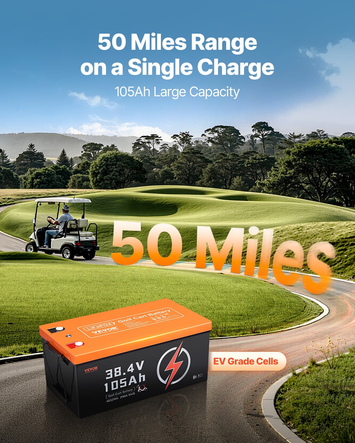 VEVOR 36V 105Ah Golf Cart Lithium Battery, 36 Volt Golf Cart Battery with 200A BMS, LCD Monitor and Mobile APP, LiFePO4 Battery with 600A Peak Current, ABS Shell and 4000+ Cycles, for Golf Carts