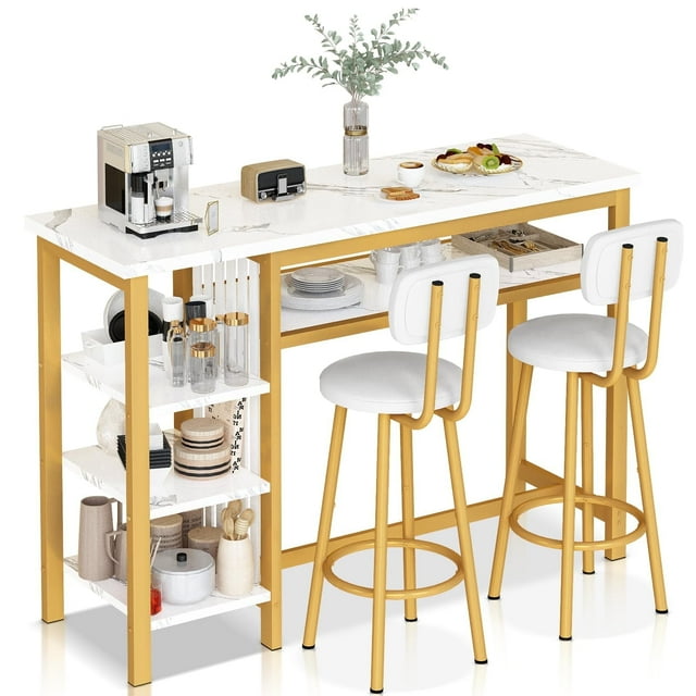 Lamerge Bar Dining Table Set for 2, 3 Piece Bar Table and Chairs Set, Kitchen Counter Height Dining Table Set, Small Kitchen Bar Table with Storage, Breakfast Nook Set for Small Space, White+Gold