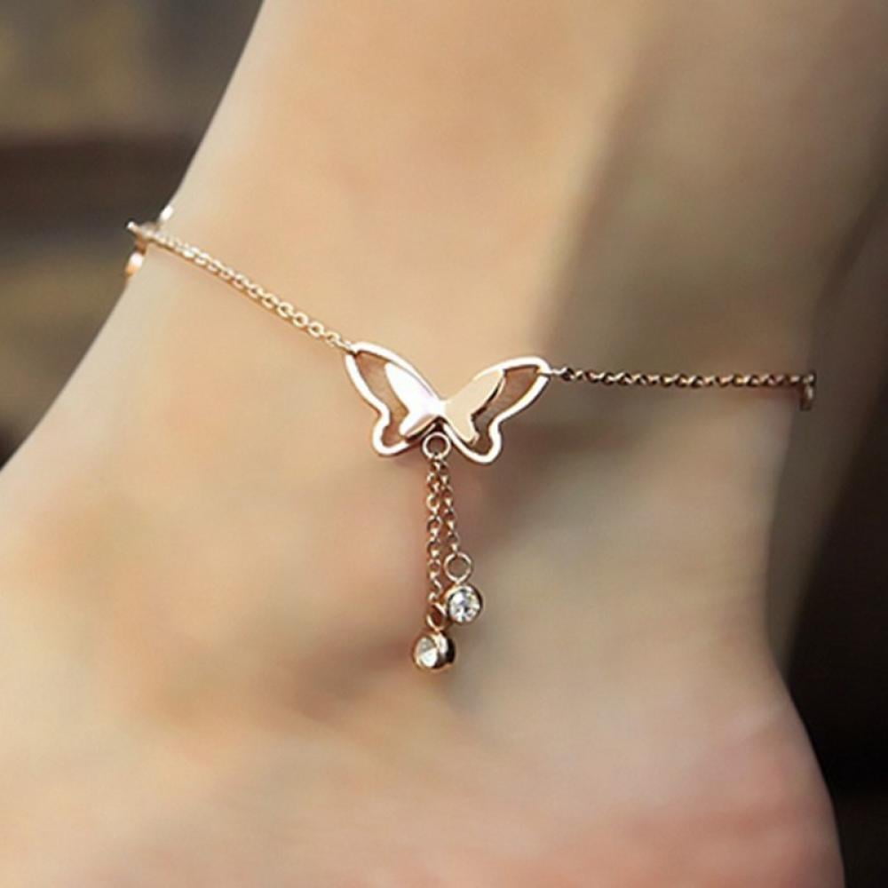 Butterfly Anklet for Women Fashion Girls White Pendant Anklet Gold Chain Bracelets Chain Bohemian Adjustable Handmade Foot Hand Jewelry Gift for Girls