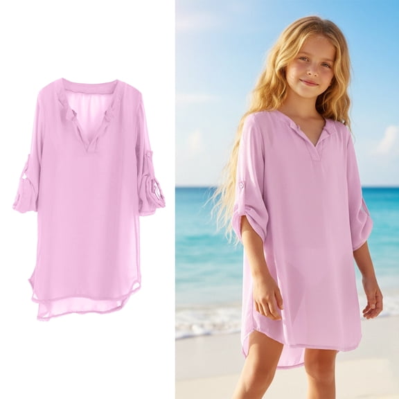 Teen Swimsuit Cover Up Girls Crew Neck Pink Chiffon Beach Cover Up Girls Swim Dresses Swim Suits for 12-13 Years Old Girls
