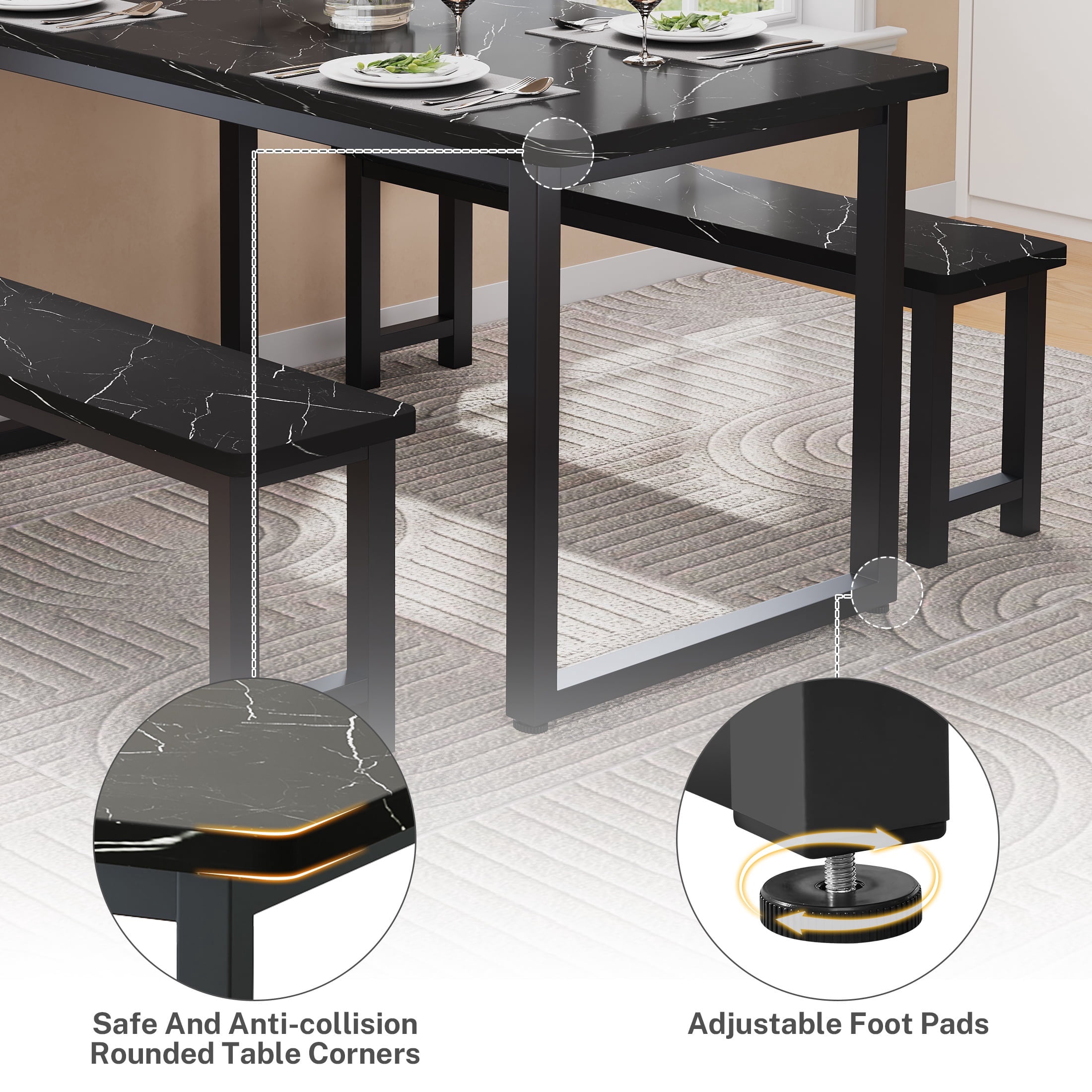 PORKISS 47.2" Dining Table Set for 4, Kitchen Table with 2 Benches, Wood Dining Room Dinette Sets with Metal Frame for Breakfast Nook and Small Space - Black
