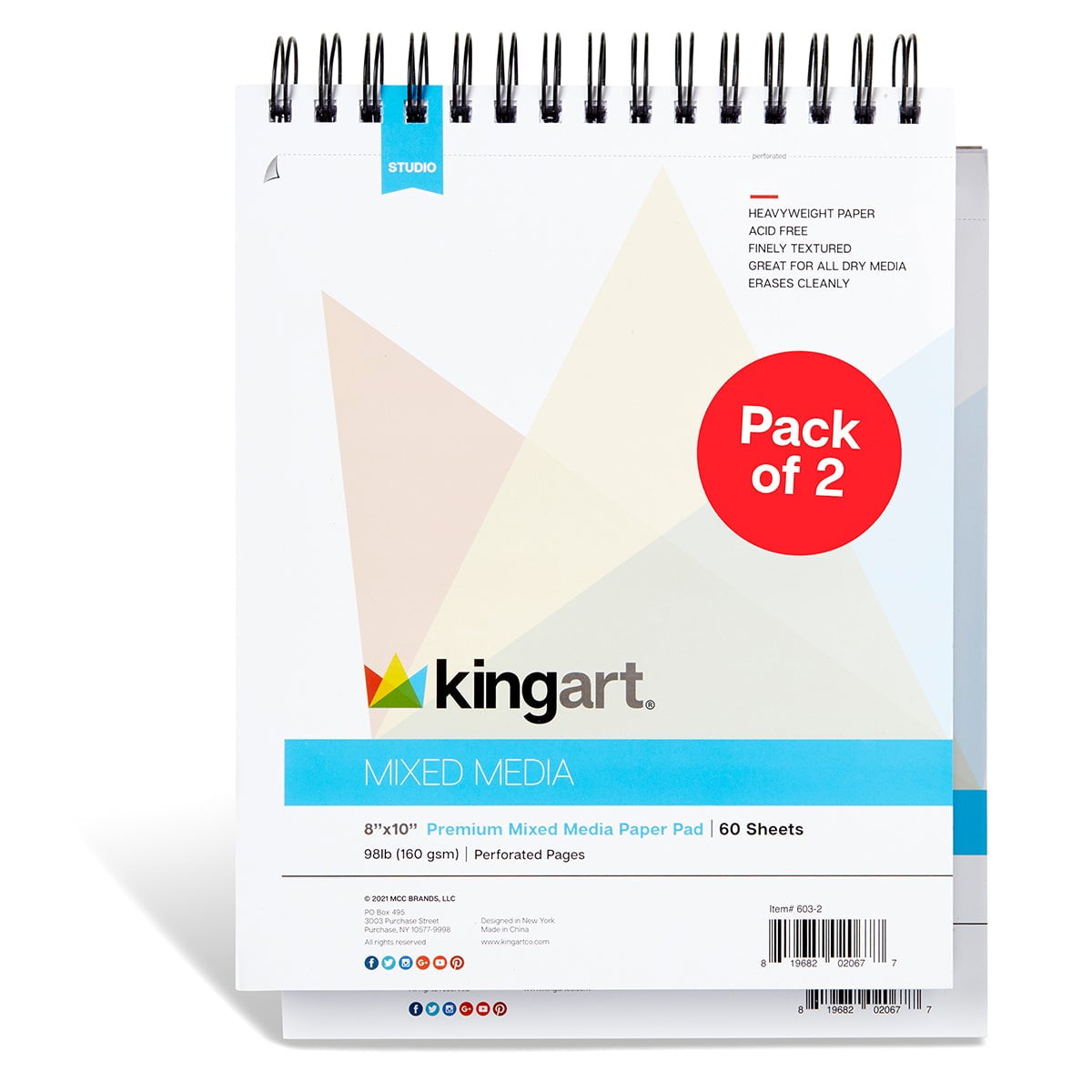 KINGART Mixed Media Sketchbook, Pack of 2, 8 x 10 Inches, 60-Sheet, 98lb/160gsm Acid-Free Paper, Micro-Perforated, Spiral-Bound, Wet and Dry Media