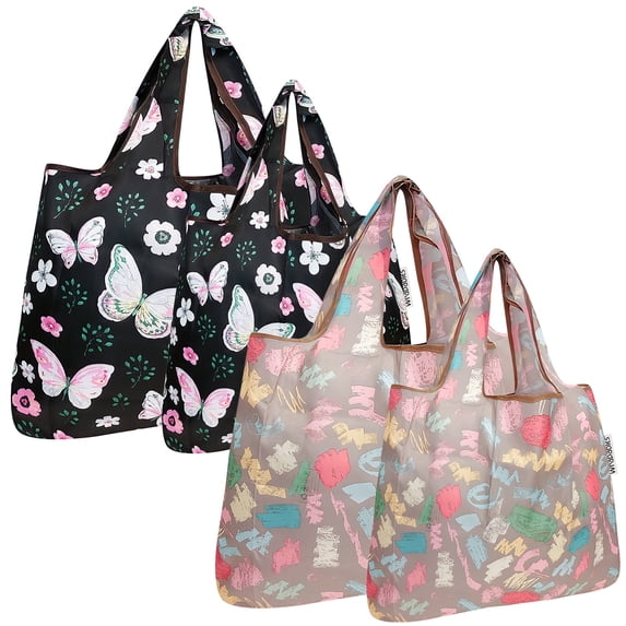 Wrapables Large & Small Foldable Tote Nylon Reusable Grocery Bags, Set of 4, Butterflies & Doodles
