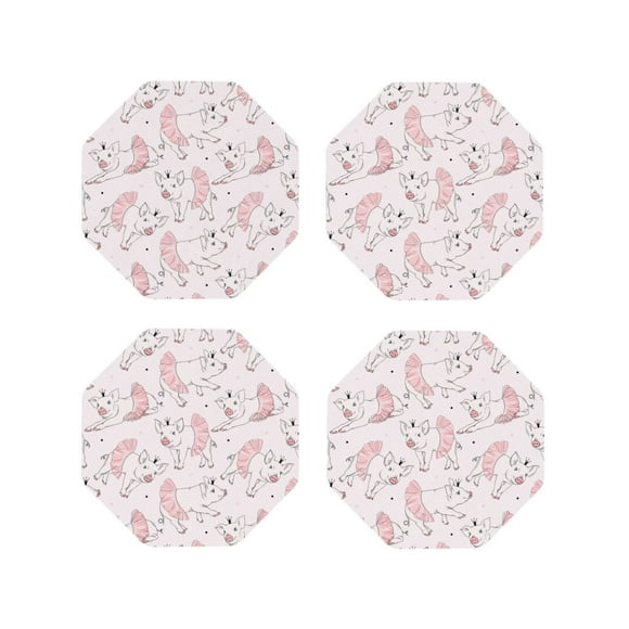 KLL Cute Piggy Ballerina Print Drink Coasters Set of 4,PU Leather Absorbent Coasters Set Decorative Coffee Cup Coasters Housewarming Gift for Home Decor-Octagon