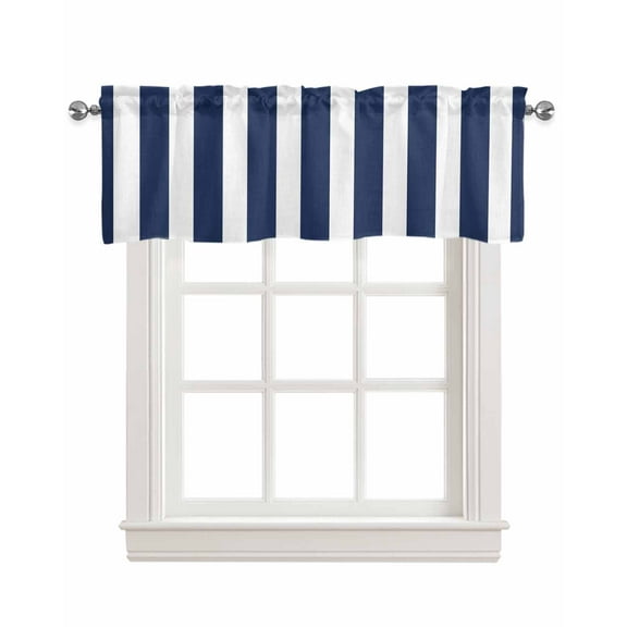 Navy Blue Stripe Linen Curtain Valance for Bedroom/Bathroom/Kitchen/Office/Living/Dining Room Window,Boho Geometric Modern Minimalist White Pocket Topper Drapes Decorative Cafe Drapery Panel 42"x18"