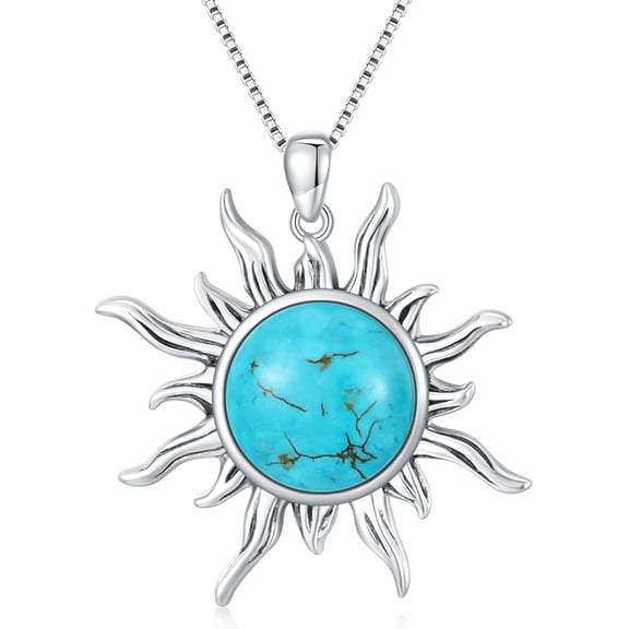 DVEATR Sun Turquoise Pendant Necklace, 925 Sterling Silver Genuine Gemstones Western Jewelry Gift for Women