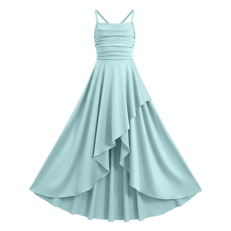 Lnmuld Girls Solid Color Spaghetti Strap formal Dress Ruched High Low Maxi Dress for Wedding and Party Size:15-16 Years, Girl's, Blue