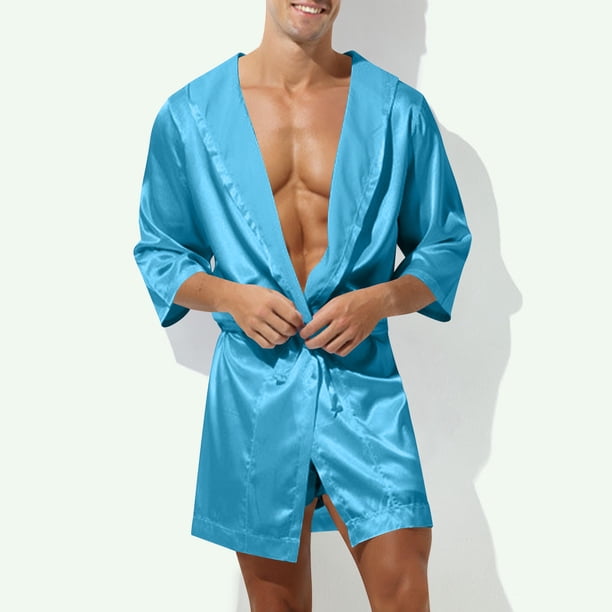 Batas para hombre, informales y de moda, de color sólido, con tirantes, capucha y manga corta, pijamas para hombre, blusa
