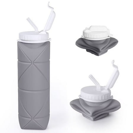 

Foldable and Portable 600ml Water Bottle Soft Silicone Water Drinking Bottle Cup with Straw for Travel Outdoor Daily [Gray]