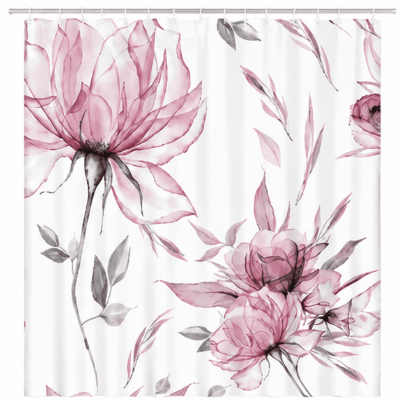 Watercolor Pink Rose Shower Curtain, Sheer Transparent Floral Botanical Leaves, Modern Elegant Minimalist Waterproof Fabric Bathroom Curtain with Hooks for Women Girls Bathroom Decor, 72x72 Inches