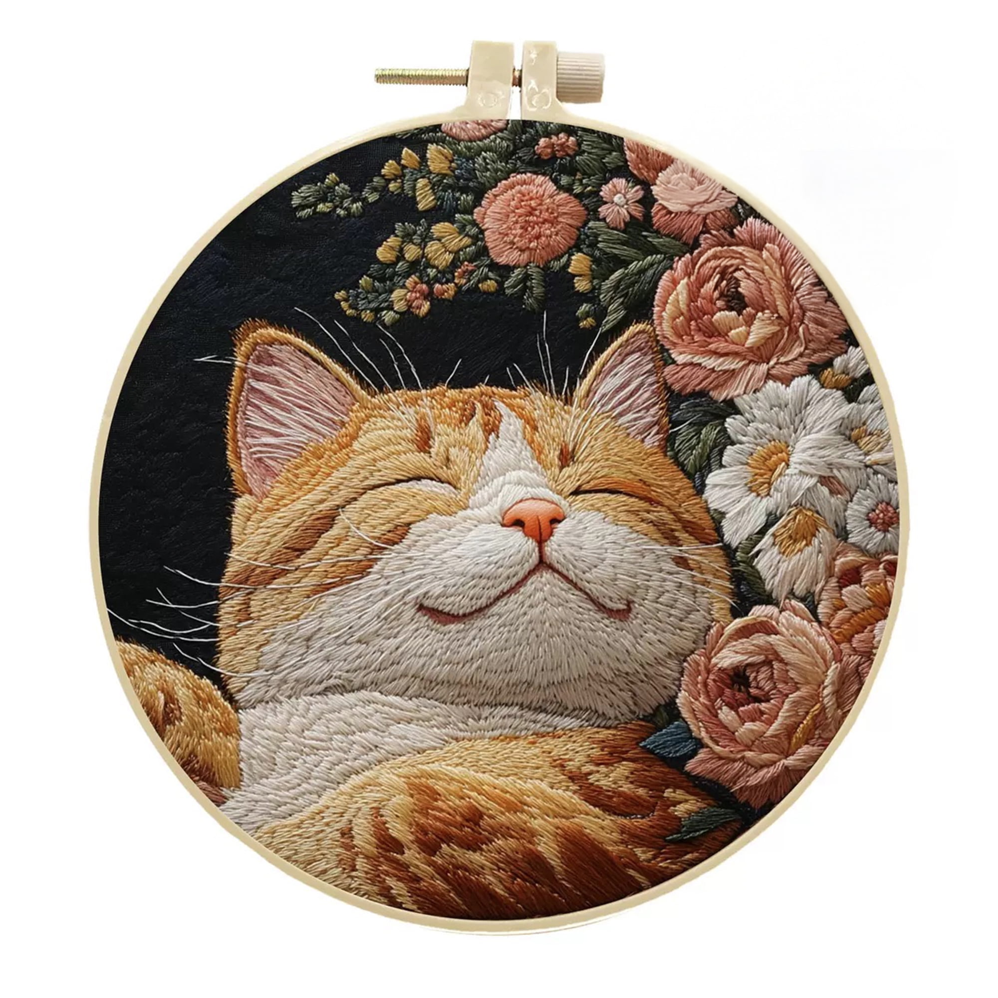 4 Pack Orange Cat Embroidery Kits for Adults Beginners Realistic Sleeping Tabby Floral Needlepoint DIY Hoop Art Craft Set