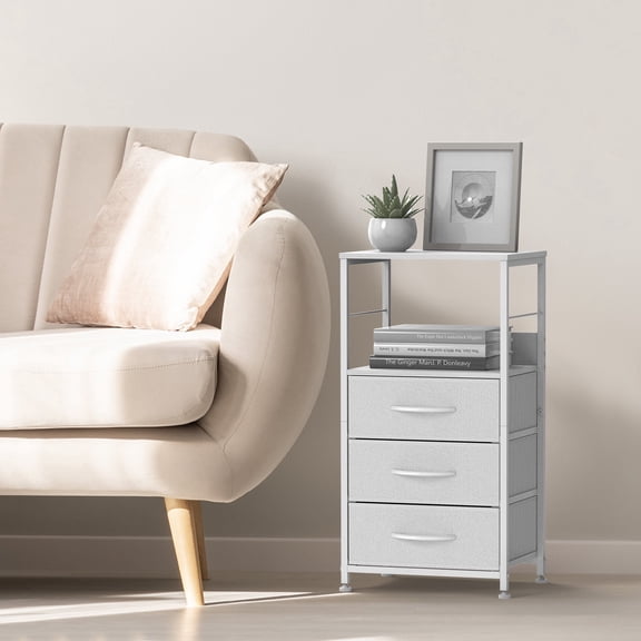 White Nightstand with 3 Drawers, Tall 30-Inch Bedside Table with Fabric Storage & Open Shelves for Bedroom, Living Room, Dorm