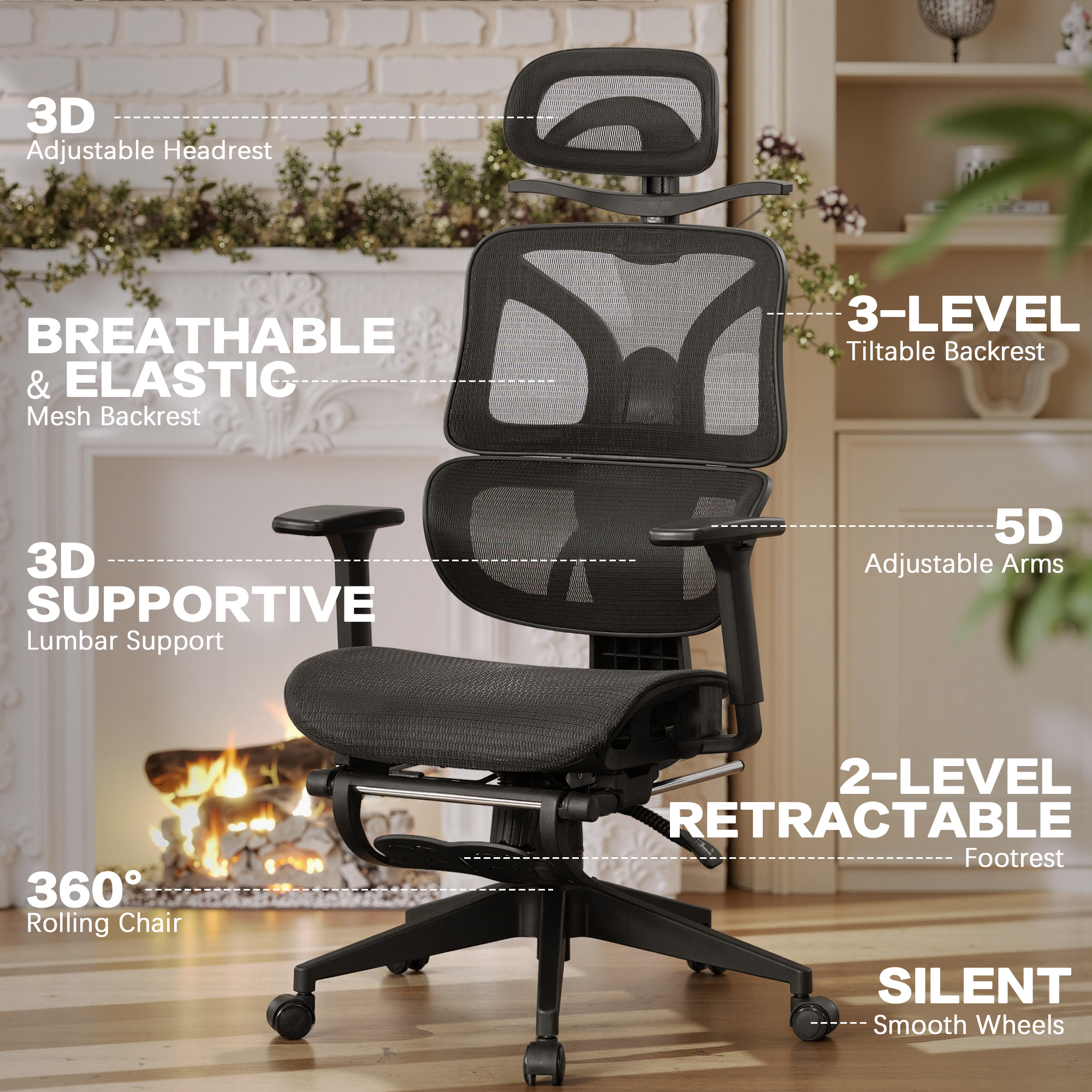 VECELO Foldable Office Chair, Ergonomic High-Back Mesh Rolling Work Swivel Computer Chair with Wheels, Comfortable Lumbar Support, Comfy Arms for Home, Gaming Room, Bedroom, Study, Student, Black