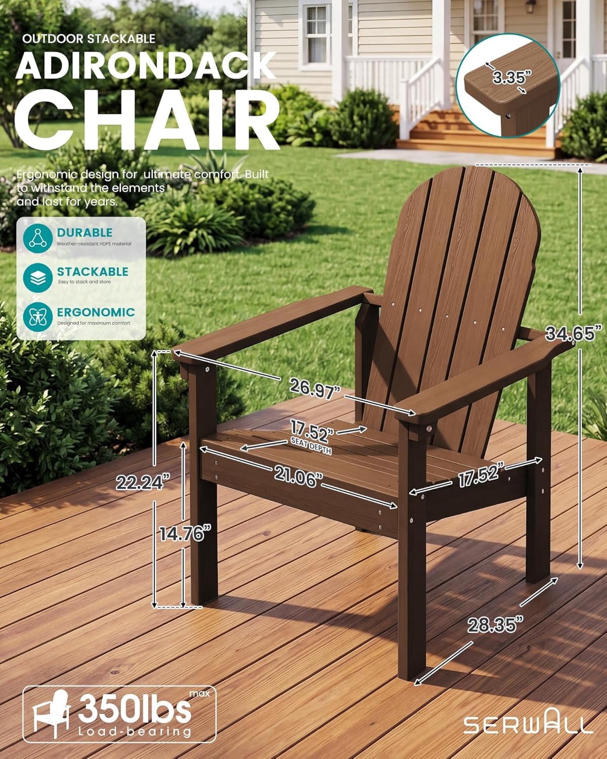 ZJTER Stackable Modern Adirondack Chair, HDPE Outdoor Patio Chair with Space-Saving Design, All-Weather Fire Pit Chair with Widened Seat for Deck, Backyard, Garden, Lawn (Brown)