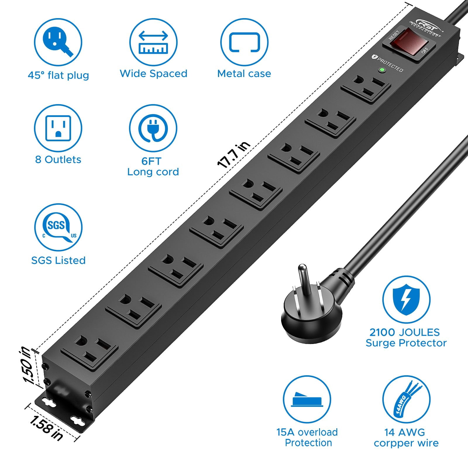 CRST Long Power Strip Surge Protector 8 Outlets Wide Spaced Socket Mountable 2100J with Angled Flat Plug Heavy Duty 6 Feet Extension Power Cord, Black