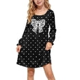 thumbnail image 2 of Fesfesfes Kids Girls Cute Single Bow Print Satin Dress Long Sleeve Round Neck Soft Silky Lightweight Pullover for Casual Home Daily Wear Ages 5-15 Years, 2 of 8