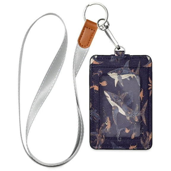 PU Leather ID Badge Holder Stylish Badge Holders with Lanyard (4.3x2.8x0.3in) for Cards & Credentials Sharks and Fish Pattern
