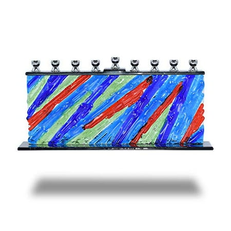 Ner Mitzvah, 11" x 5" Hand Crafted Painted Glass Candle Hannukah Menorah - Forever Young