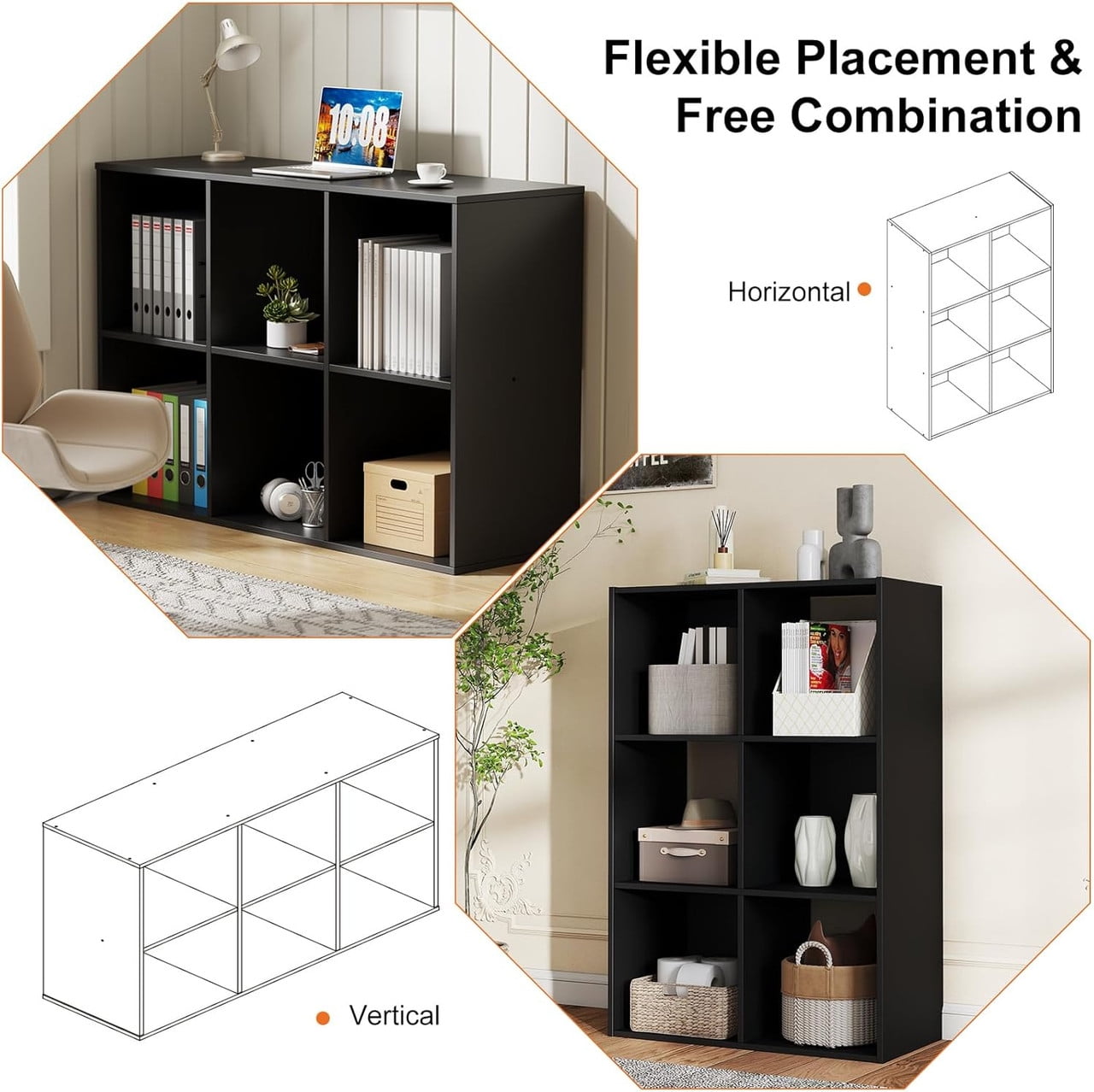 Sybels Cube Storage Shelf, 6-Cube Bookshelf with Removable Dividers，a Versatile Organizer , suitable for living rooms, home offices, and bedrooms, Black