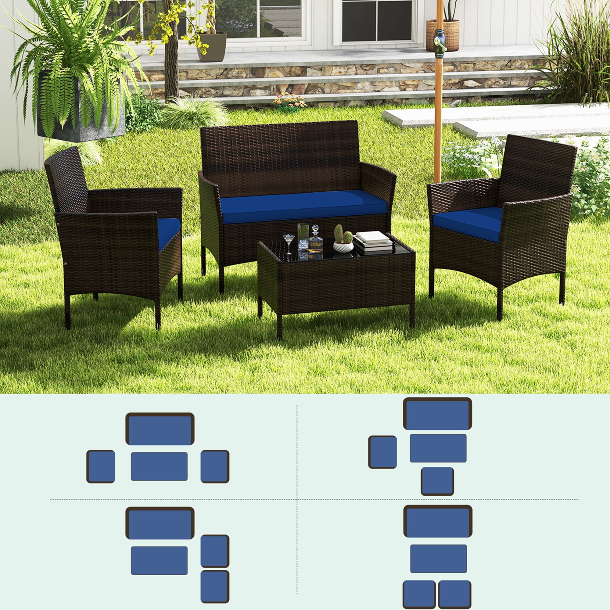 Costway 8 PCS Patio Furniture Set with Washable Cushions and Tempered Glass Coffee Table Navy