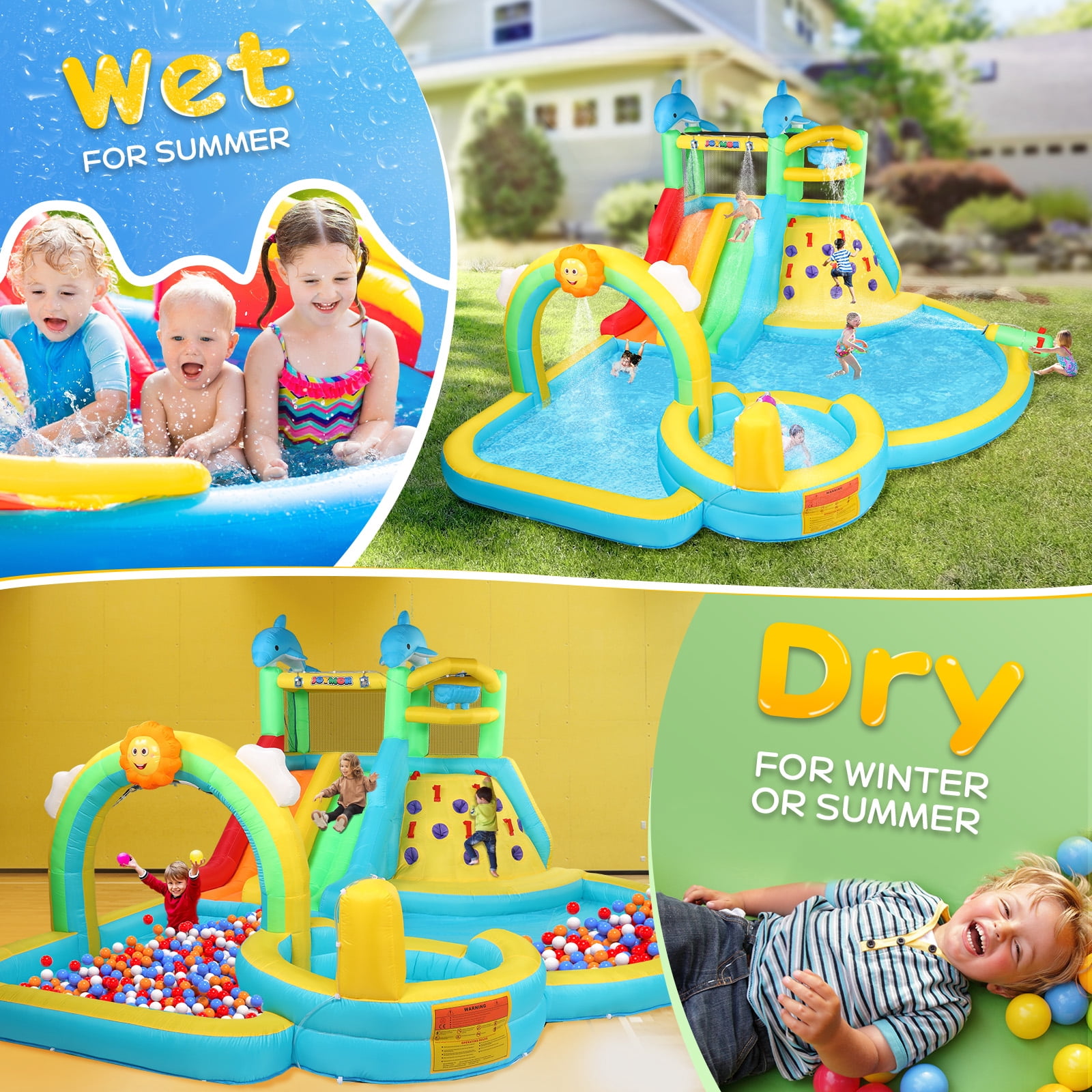 Ktaxon Inflatable Bounce House with Water Bucket, Rainbow Sprinklers, Water Slide Bounce House With Blower, Inflatable Water Slide Park for Party, Backyard, Lawn