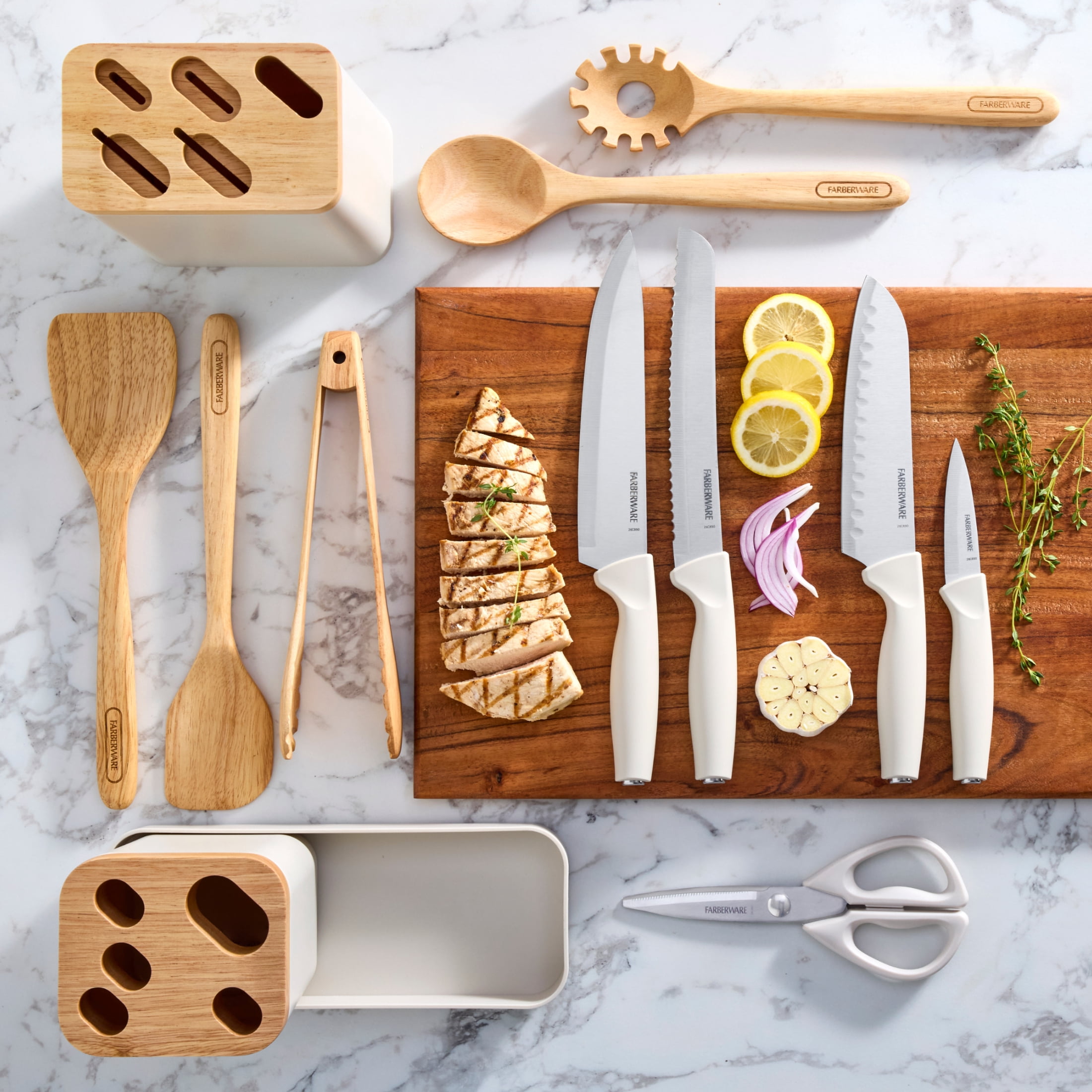 Farberware Professional Wood Kitchen Utensil and Knife Set with Counter Storage Gray, 13-Piece