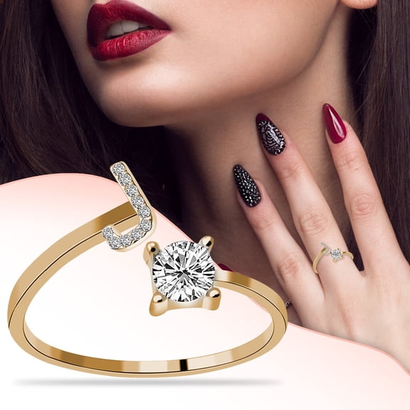 KDSJSXW Sterling Silver Rings Women's 26 Letter Ring Diamond Rhinestone Set Zirconia Open Adjustable Rings Jewelry Accessories Gifts Elegant Diamond Rings for Women Stackable Rings (J,One Size)