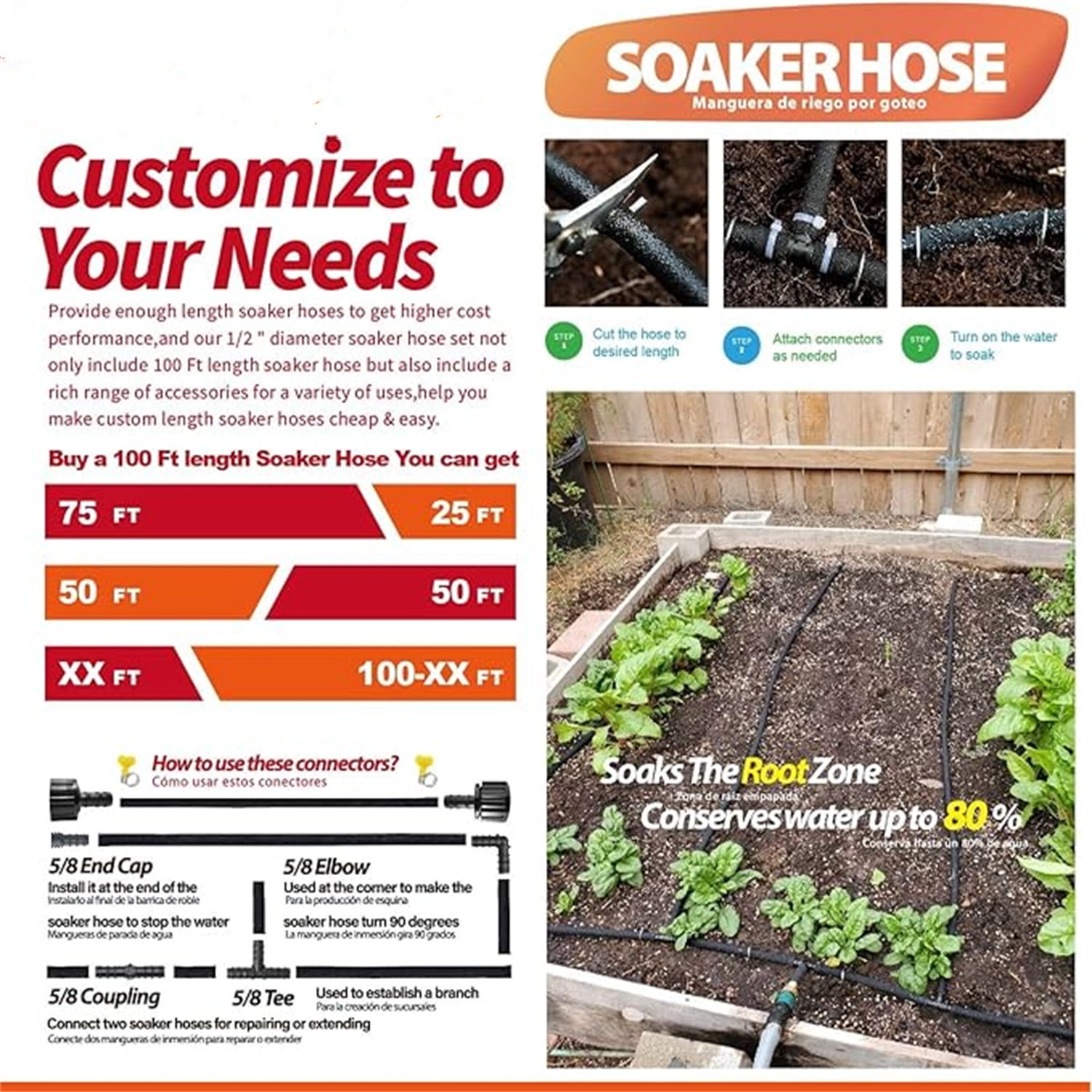 "100FT Heavy-Duty 1/2 Inch Soaker Hose with 3/4 Inch Solid Brass Connector - Leakproof Garden Watering System for Gardens, Lawns, Flower & Vegetable Beds "