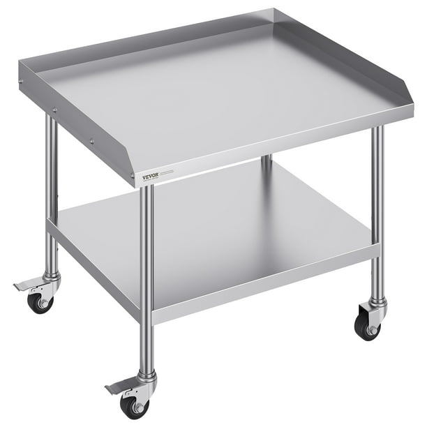 Mesa de trabajo de acero inoxidable VEVOR, 76 x 91 x 76 cm, mesa de preparación de alimentos comercial con 4 ruedas, protector contra salpicaduras de 3 lados, resistente, mesa de trabajo de metal