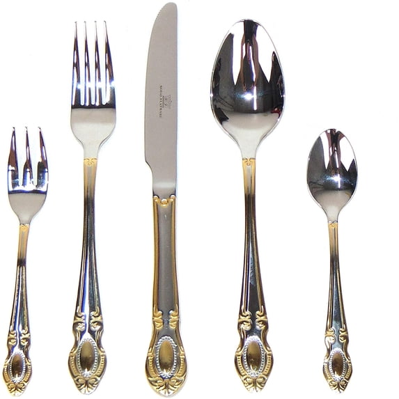 Royal Flatware RF2253, Gold 20-Piece Premium Surgical Stainless Steel Silverware Flatware Set 18/10, Service for 4, 24K Gold-Plated Hostess Serving Set