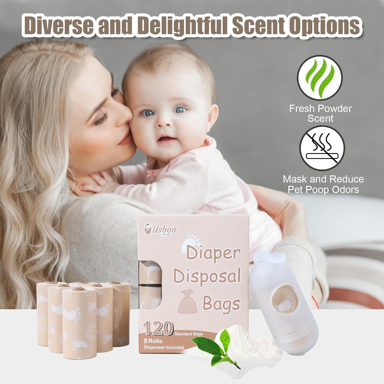 Diaper Bags Disposable for Baby, Biodegradeable Dirty Diaper Bags (8 Refill Rolls/120 Bags) with Dispenser | Leak Proof Diaper Trash Bags | Baby Poop Bags | Powder Scent