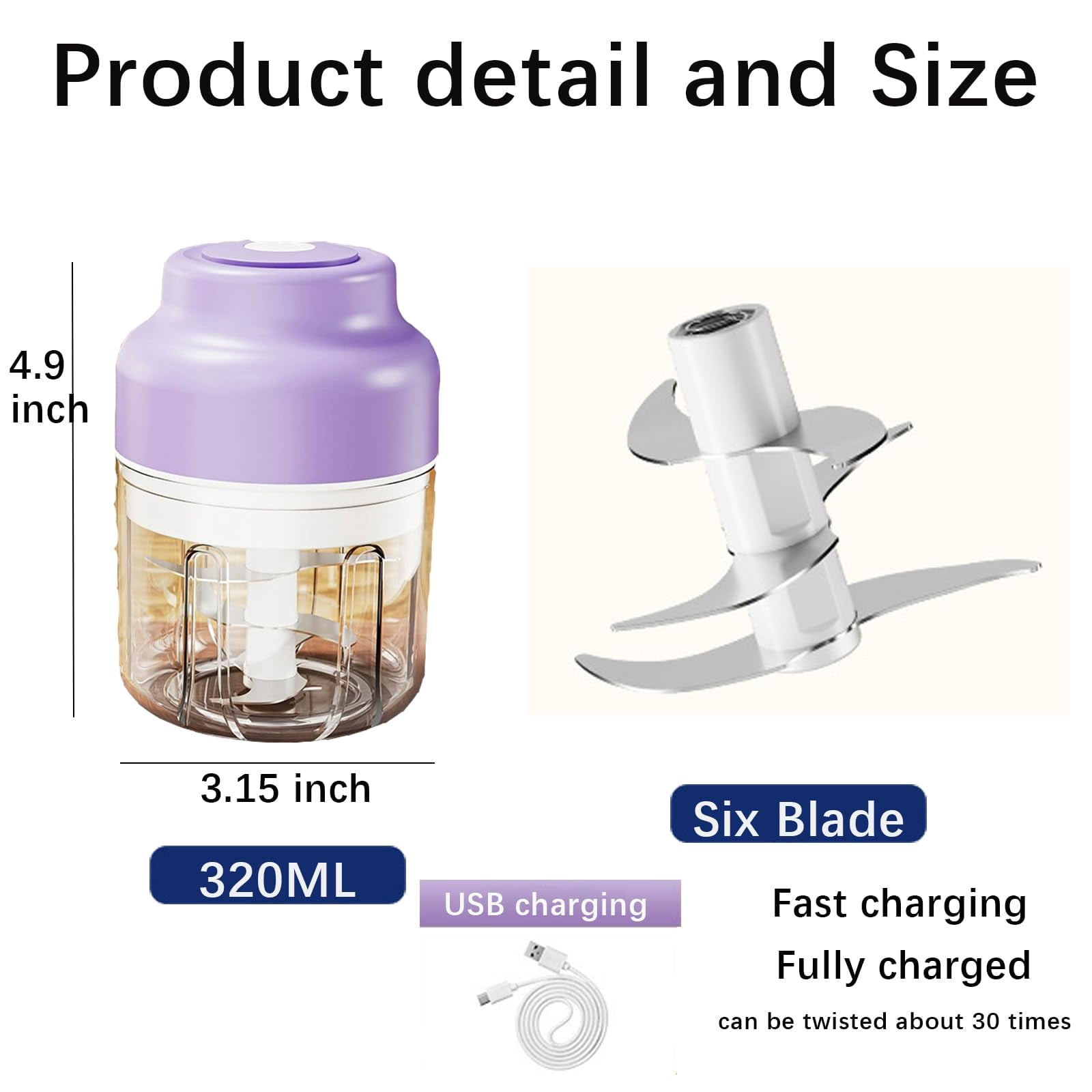 320ML Electric Garlic Chopper, Portable Cordless Mini Food Processor, Garlic Grinder Onion Chopper, Blender For Vegetable, Nuts Chili Onion Minced Meat and Spices