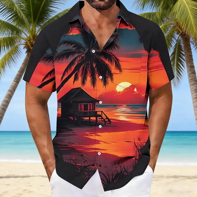 Ceisia Men's Crimson Flame Hut Coconut Shadow Print Short Sleeve Button Down Hawaiian Shirt With Chest Pocket Multicolor XXXXL Gifts