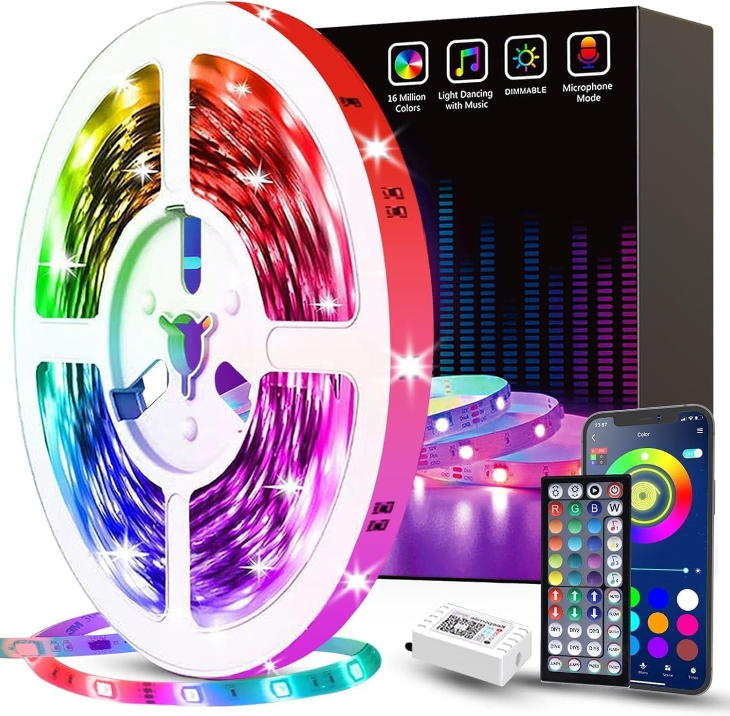 GANZQH 100ft RGB LED Strip Lights - Smart App & Remote Control, Music Sync Color Changing Lights For Bedroom, Gaming & Party