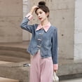thumbnail image 4 of New Chinese style disc button denim splicing jacket for women spring petite short denim jacket Beige XL, 4 of 12
