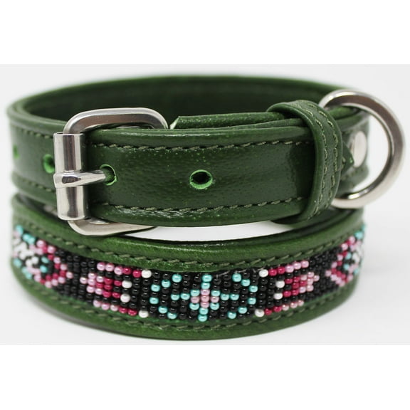 Large 21''- 25'' Soft Genuine Leather Beaded Padded Dog Puppy Collar 60RT03GR
