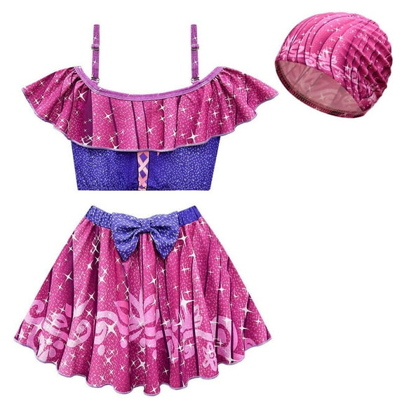 Girls Purple Swimsuit Princess Two-Piece Bathing Suit Tankini w/Swim Cap, Size 2-8