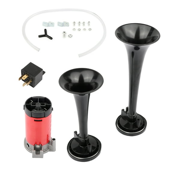 AUTOMUTO Air Horn, Black Plastic Dual Trumpet Electric Train Car Horn with Red Compressor for Trucks Lorrys Trains Boats Cars 12V Vehicles