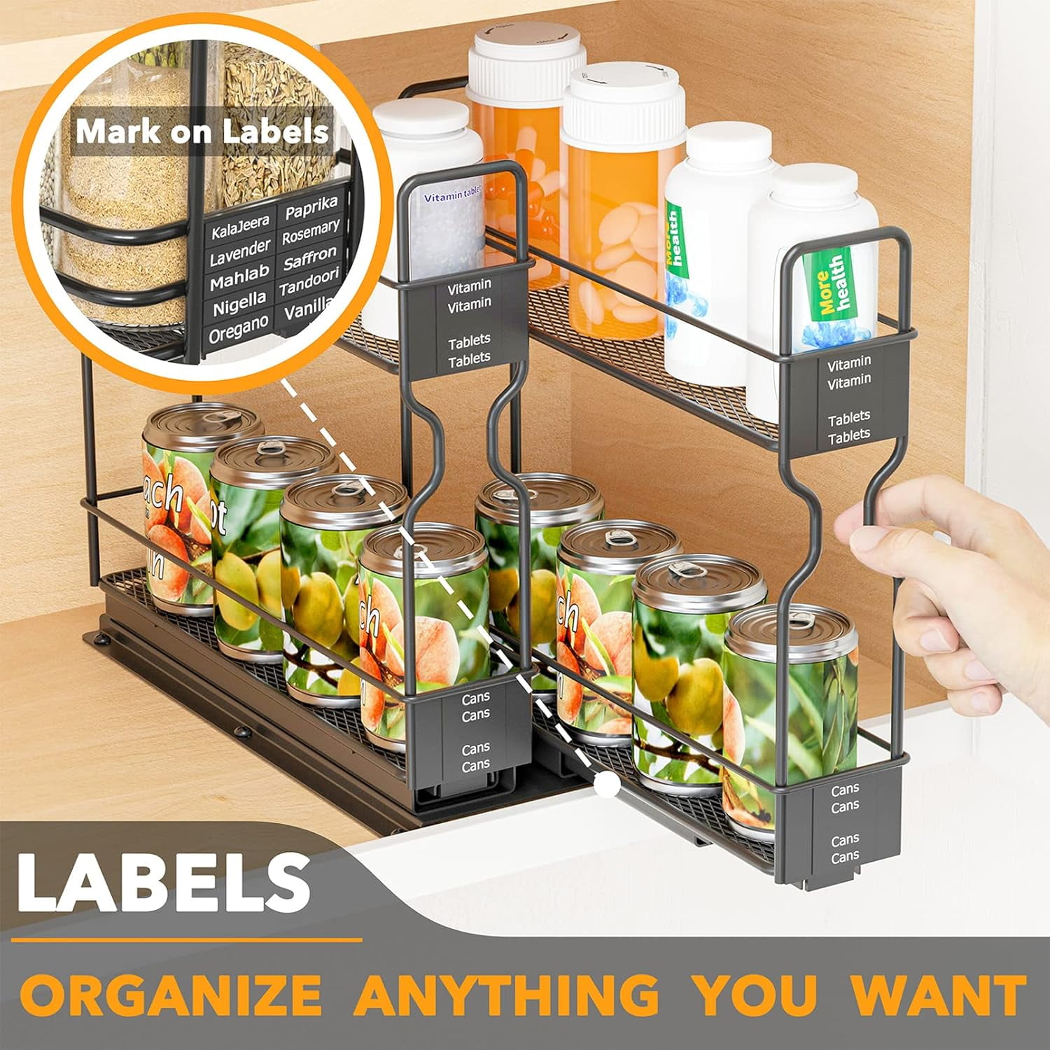 SpaceAid Pull Out Spice Rack Organizer with Labels, 2 Drawers 2-Tier, 5.2" W x10.75 D x10 H