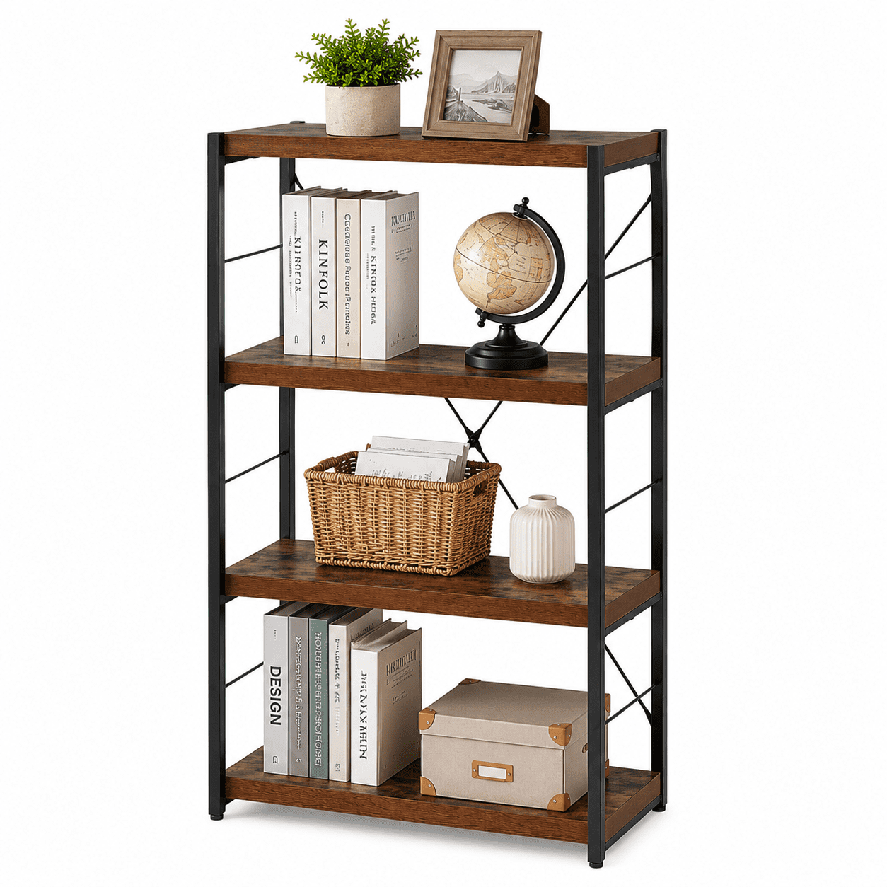 MOONMISS 4-Tier Open Bookshelf,Weathered Wood Finish & Powder-Coated Black Metal,Durable Fixed Shelves,Compact Storage Rack for Small Spaces,24''Wide x 43'' Tall