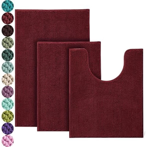 Bathroom Rugs Set - 3 Pieces Ultra Soft Non-Slip Bath Mats, Chenille Absorbent Bath Rugs for Bathroom, Tub and Shower (Burgundy)