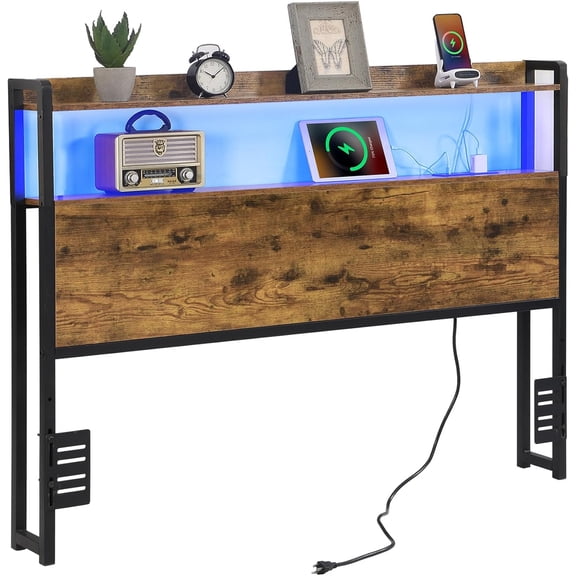 Full Size Headboard Only, Led Headboard with Storage Shelves and Outlet for Adjustable Bed (Wood, Full)