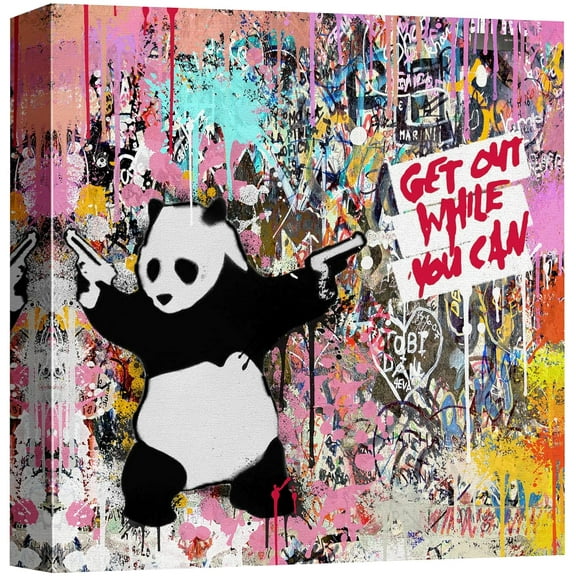 IDEA4WALL Canvas Print Wall Art Panda with Guns Banksy Spray Paint Graffiti & Street Art Abstract Illustrations Modern Art Decorative Bohemian Multicolor for Rooms - 16"x16"