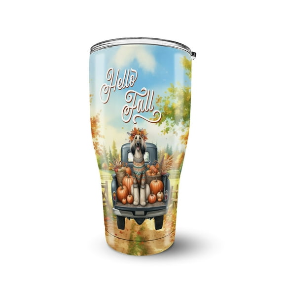 Hello Fall Autumn Afghan Hound Pumpkins Pickup Truck 30oz Stainless Steel Tumbler Insulated Cup with Lid Dog Lover - 13011