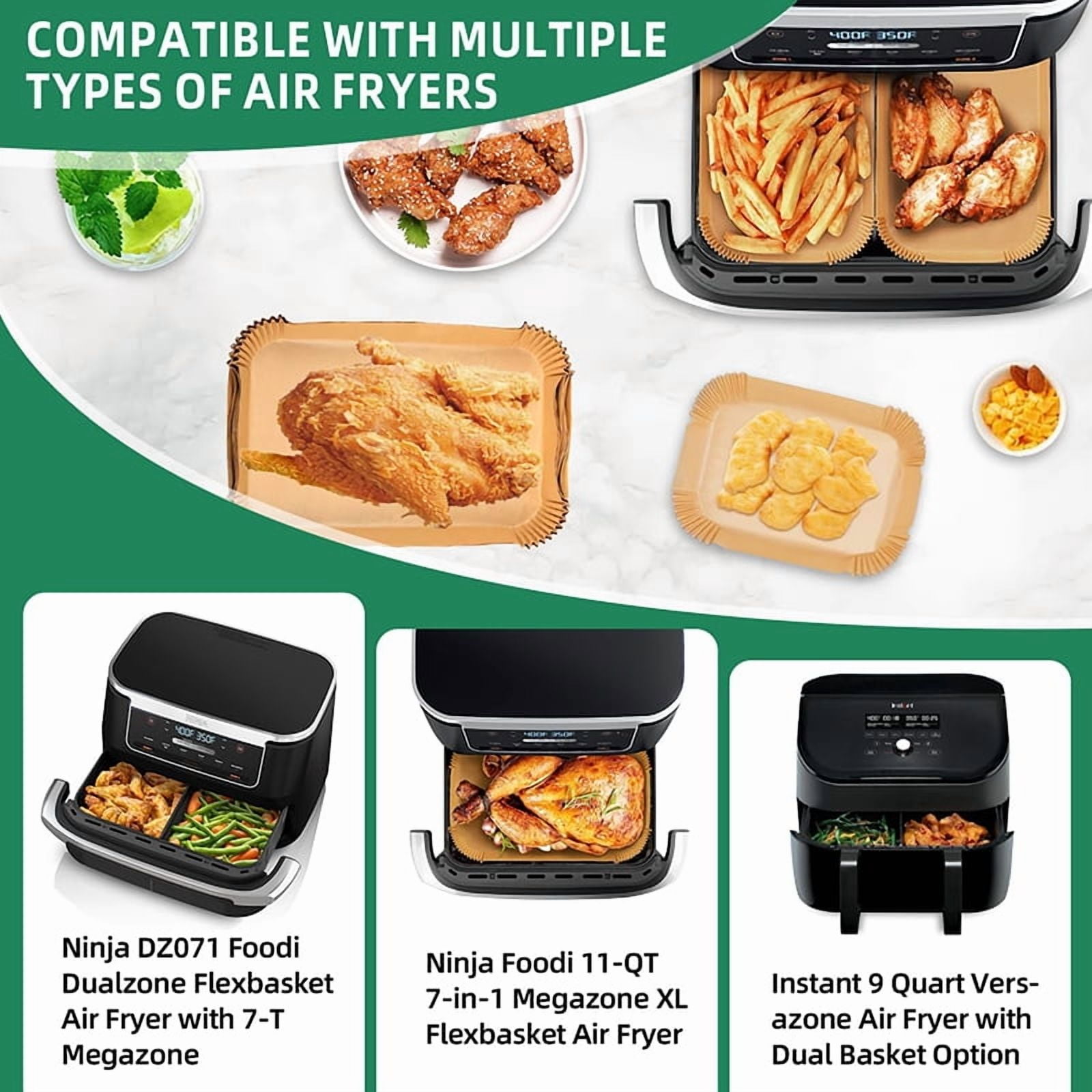 Large Disposable Air Fryer Paper Non-Stick Rectangle Airfryer Baking Liners Oilproof Oven Mat for Ninja Foodi DualZone Basket