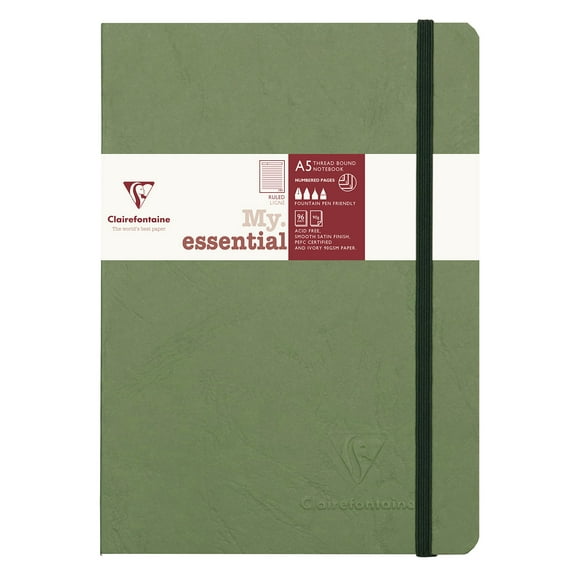 Clairefontaine - Ref 793463C - Age Bag Thread-Bound Notebook (192 Pages) - A5 Size, Lined Rulings, 90gsm Brushed Vellum Paper, Elastic Closure - Green Cover