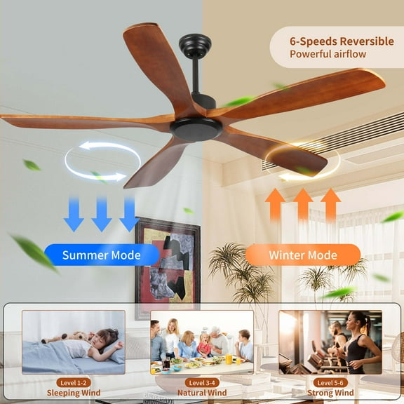 Miniyam 60 inch Wood Ceiling Fan No Light with Remote Control, Low Profile Ceiling Fan without Light, Noiseless Reversible DC Motor with Timer