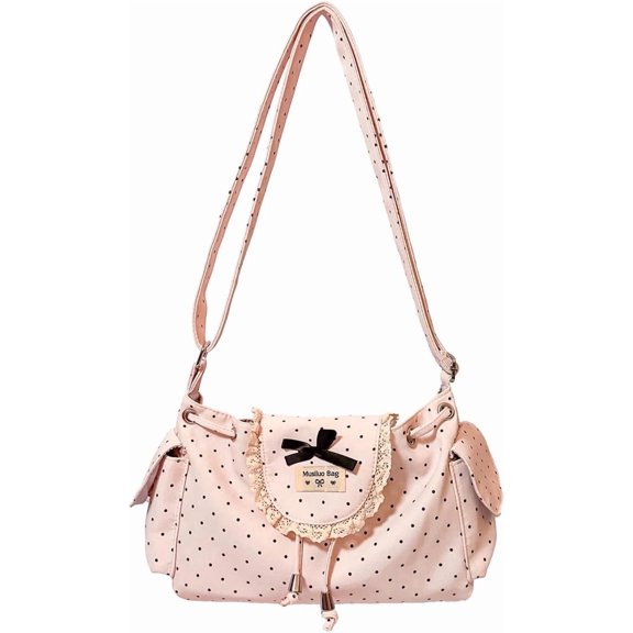 Sdmnsg-T Polka Dot Nylon Crossbody Bag, Lace & Bow Decor Drawstring Shoulder Purse, Adjustable Strap Casual Hobo Handbag with Side Pockets for Daily Shopping, Travel and Casual Outings