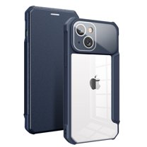 SaniMore for iPhone 14 Plus Case Transparent PC & Soft TPU Built-in Electroplated Lens Ring, Magnetic Flip Cover with Card Slot & Kickstand Shockproof Protective Shell, Blue