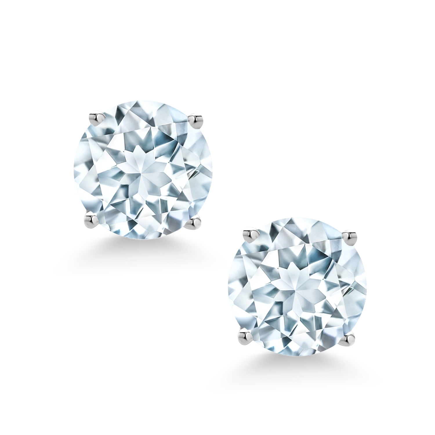 Gem Stone King 14K White Gold Sky Blue Aquamarine Women Screwback Stud Earrings (1.50 Cttw, Round 6MM)